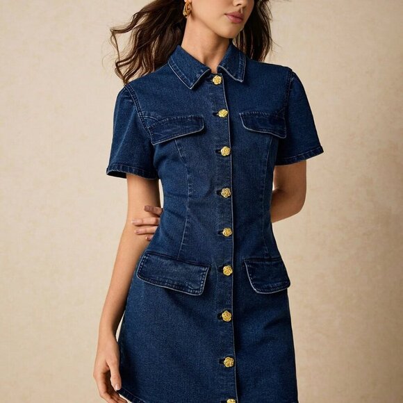 Dark Wash Casual Women's Denim Button-Up Mini Dress - Picture 3 of 7